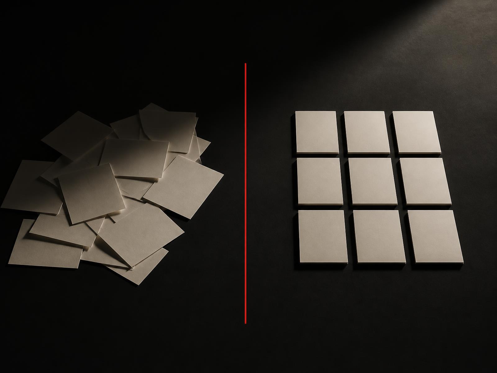 A scattered pile of cream paper on the left and the same sheets arranged into an ordered grid on the right, divided by a thin red line on a near-black surface